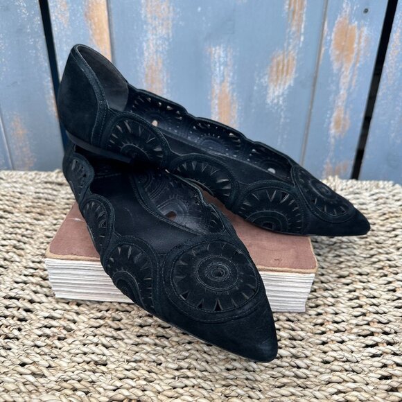 Tory Burch Leyla Pointed Toe Cut Out Suede Flats Black Sz 10 - Picture 1 of 16
